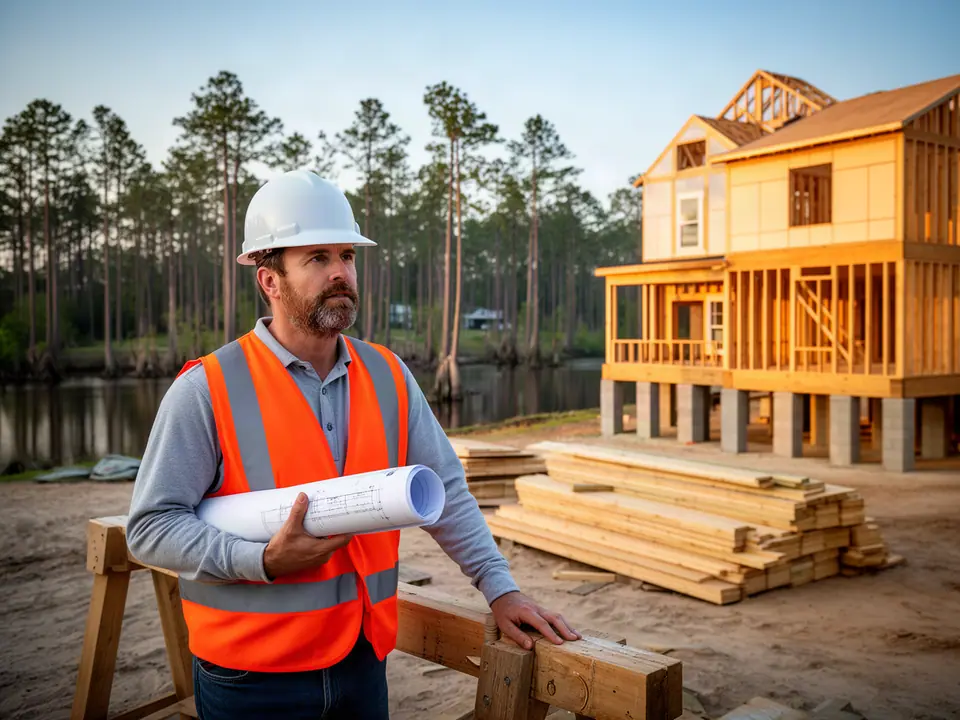Builder with rolled plans beside a new raised timber-frame house among loblolly pines