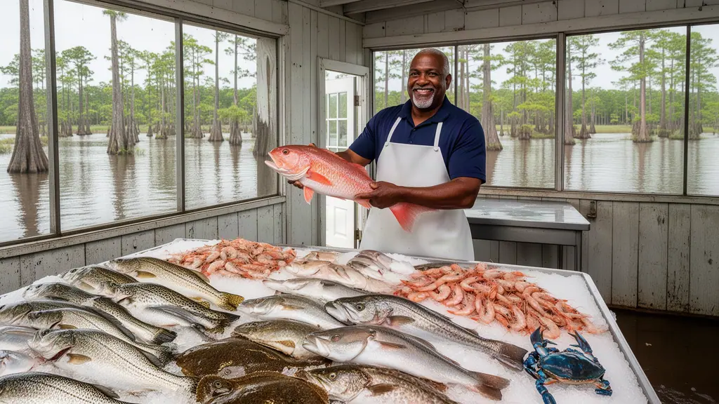 Seafood market owner holding a red snapper over a display of fresh fish and shrimp on ice
