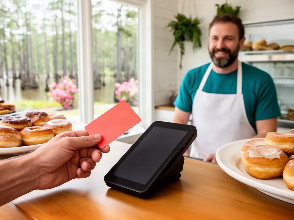 Customer tapping a coral card on a terminal at a doughnut counter, cypress outside